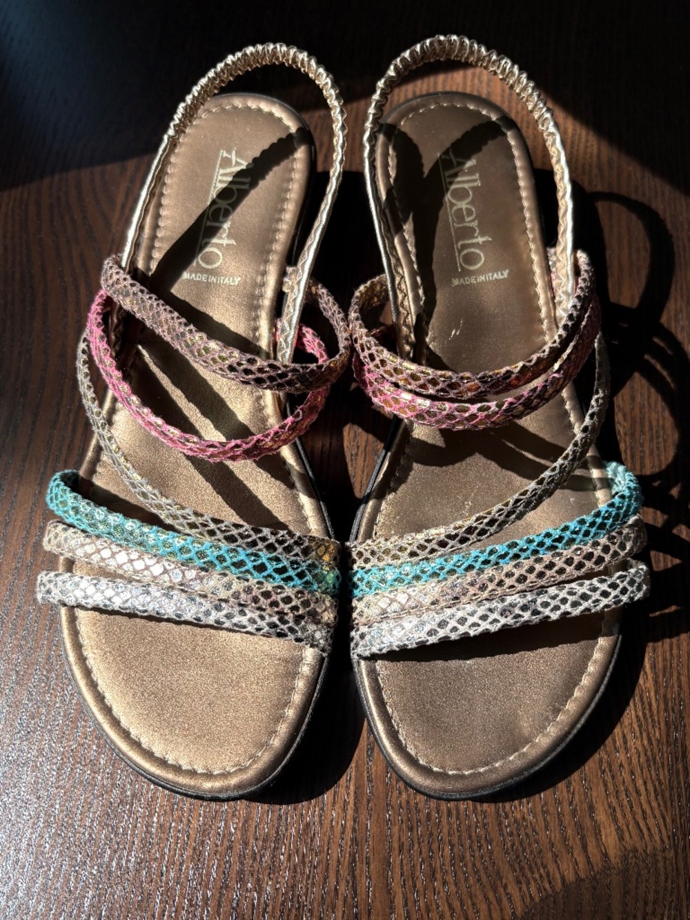 Made in Italy Multi Color Boho Snakeskin Slingback Wedge Sandals, Sz 38/7.5